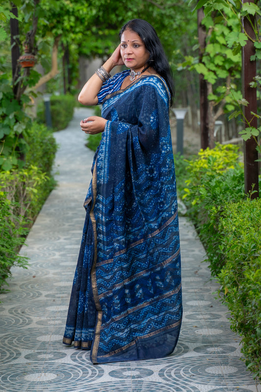 INDIGO SHADES BLOCK PRINTED COTTON SILK SARI