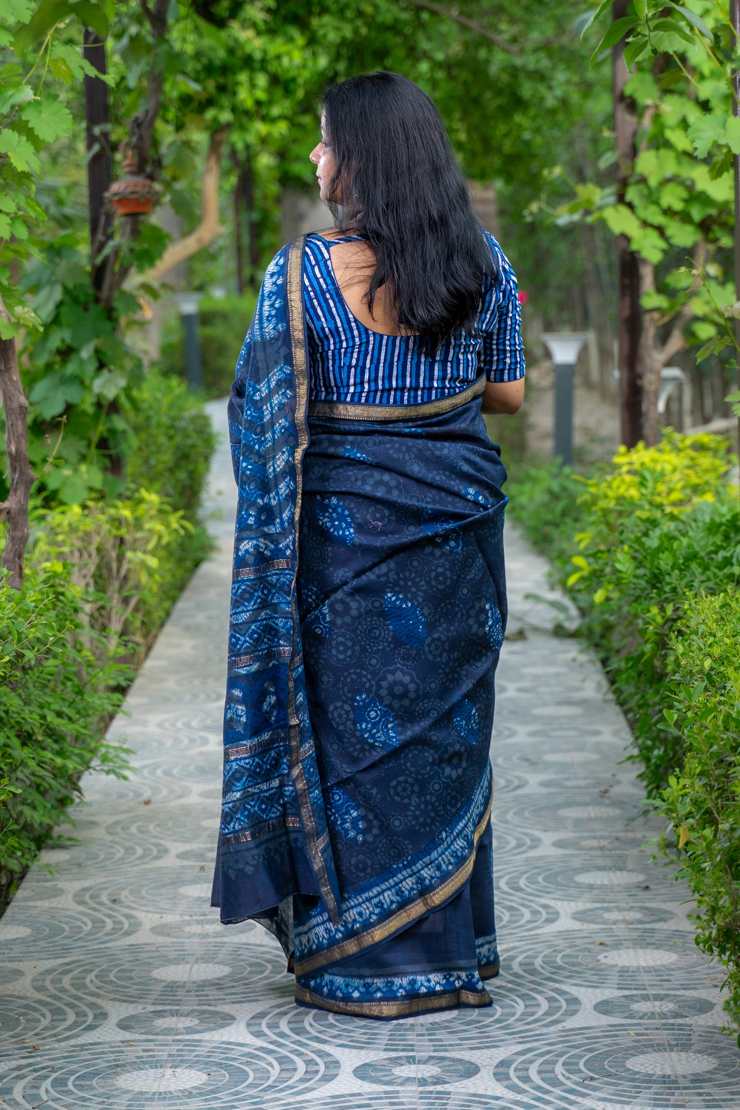 INDIGO SHADES BLOCK PRINTED COTTON SILK SARI