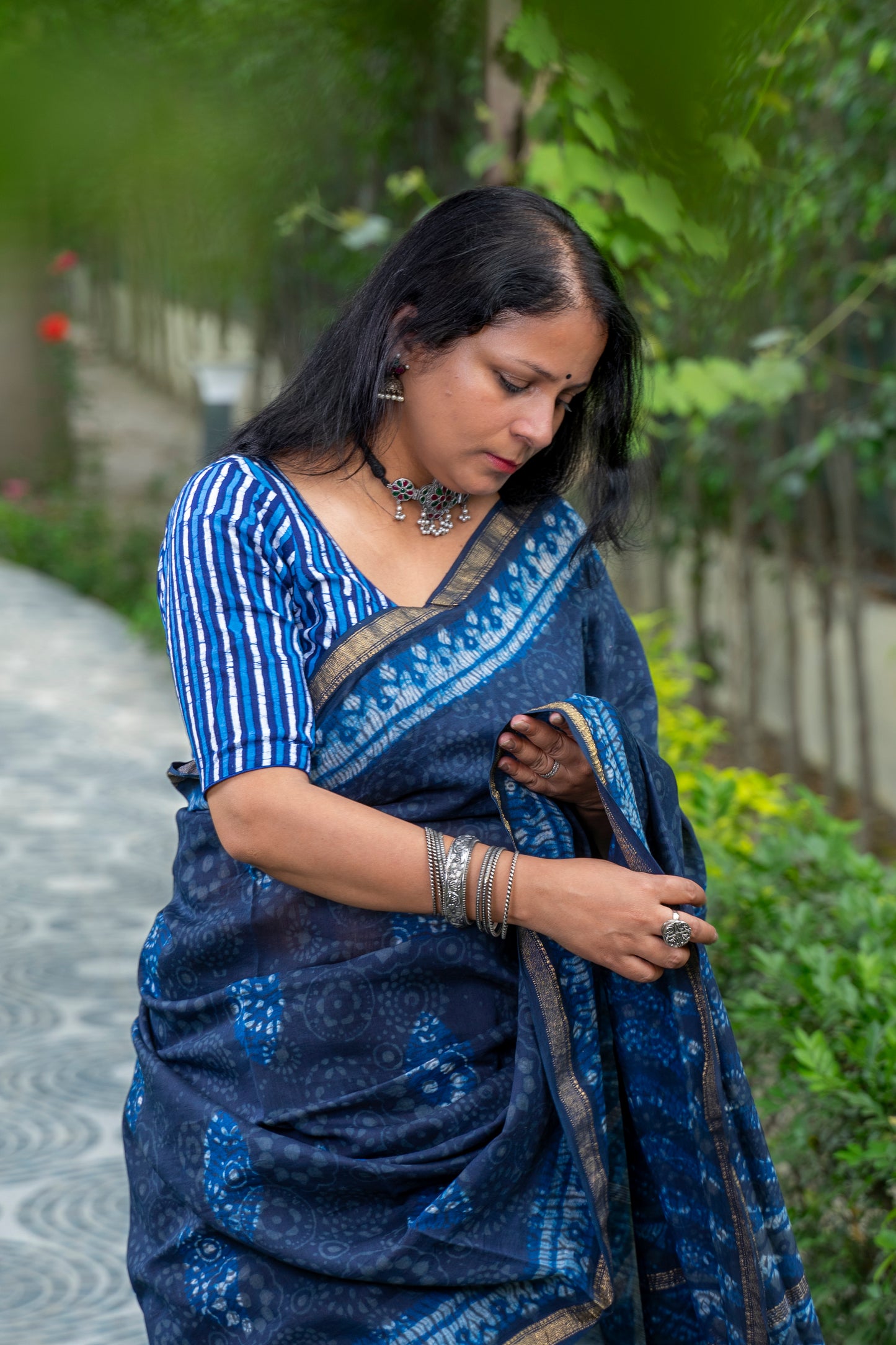 INDIGO SHADES BLOCK PRINTED COTTON SILK SARI