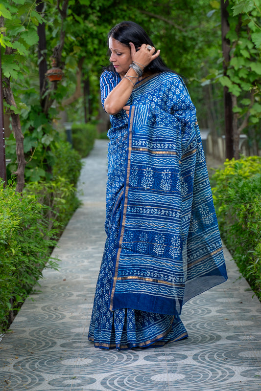 INDIGO WHITE MOTIF BLOCK PRINT CHANDERI SARI