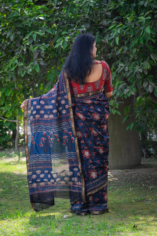 RED INDIGO BLOCK PRINT MAHESHWARI SILK COTTON SARI