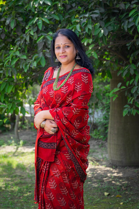 RED BLOCK PRINT MODAL SILK SARI