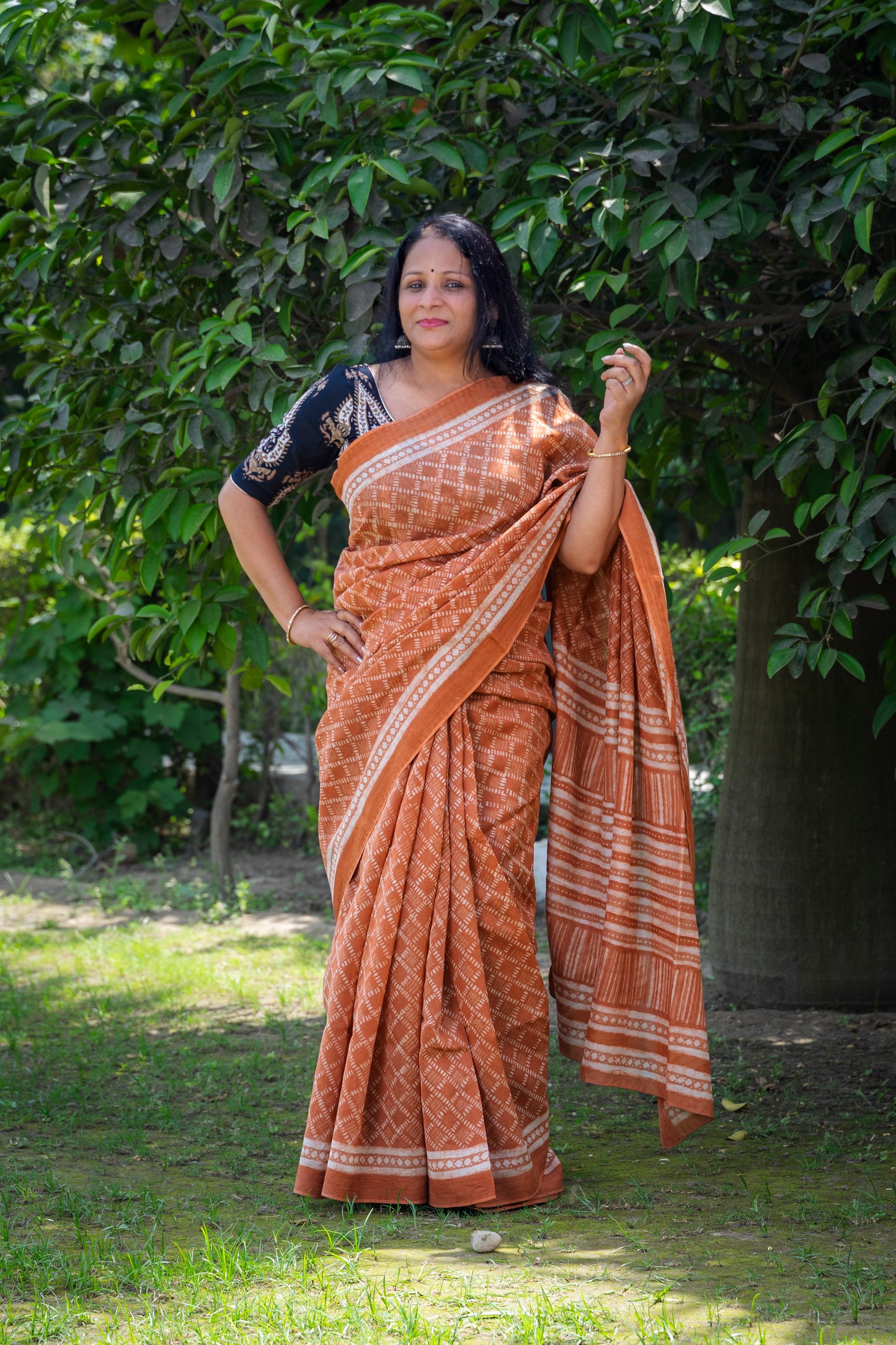 APRICOT-CREAM BLOCK PRINT CHANDERI SARI