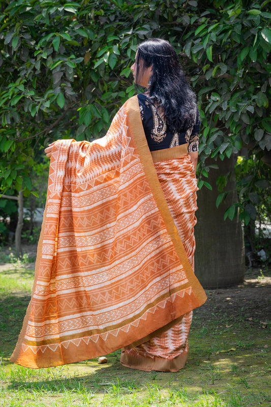 APRICOT WHITE BLOCK PRINT CHANDERI SARI