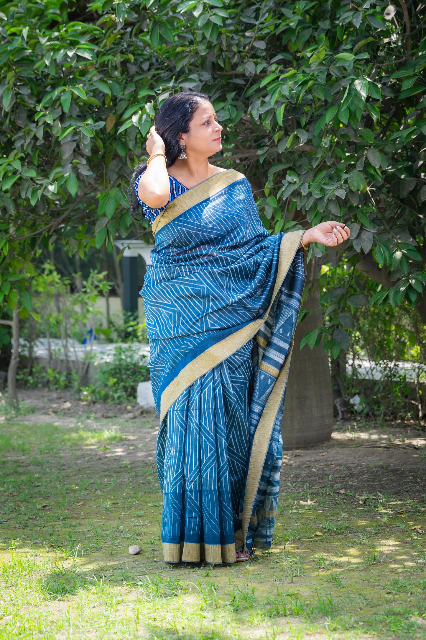 GREYISH BLUE SHIBORI CHANDERI SARI