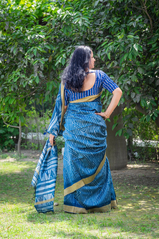 GREYISH BLUE SHIBORI CHANDERI SARI