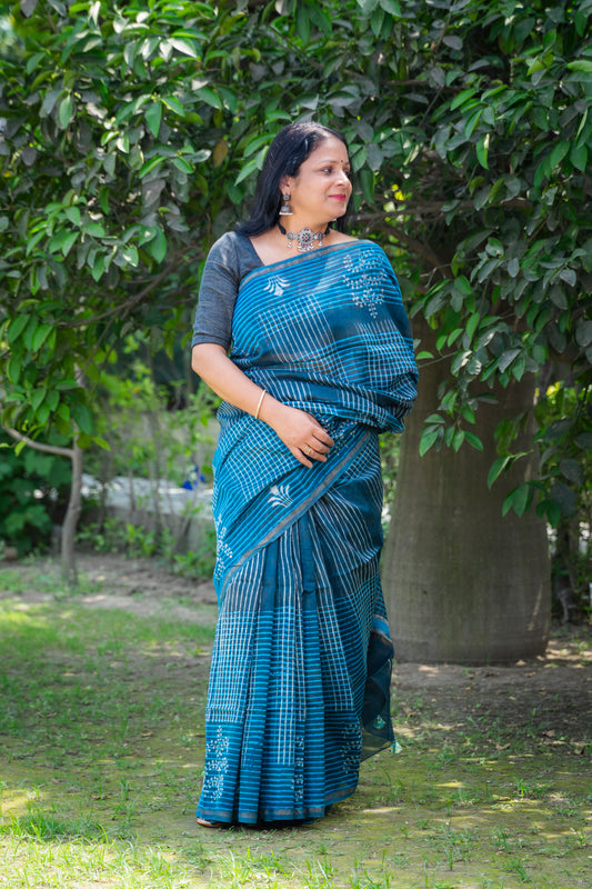 BLUE GEOMETRIC BLOCK PRINT CHANDERI SARI