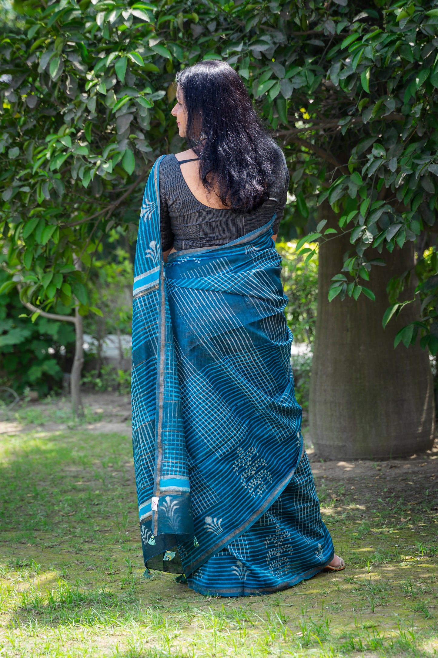 BLUE GEOMETRIC BLOCK PRINT CHANDERI SARI