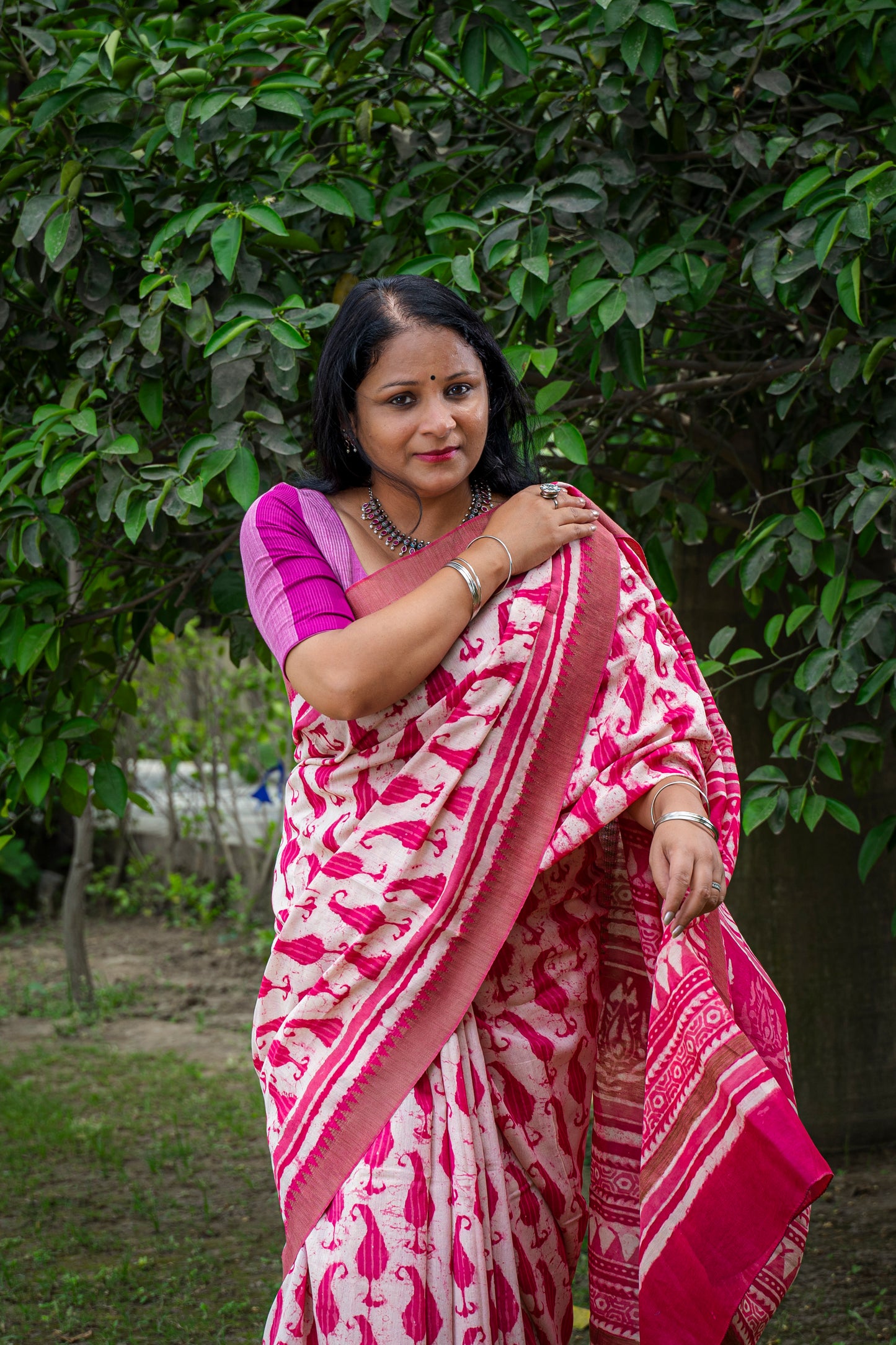 PINK-WHITE PAISLEY BLOCK PRINT CHANDERI SARI