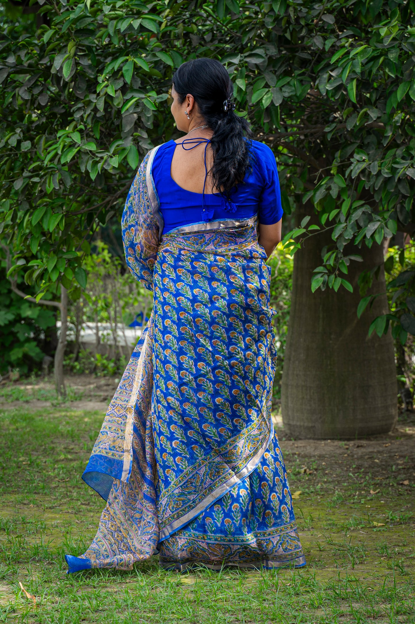 BLUE FLORAL BLOCK PRINT KOTA SILK SARI