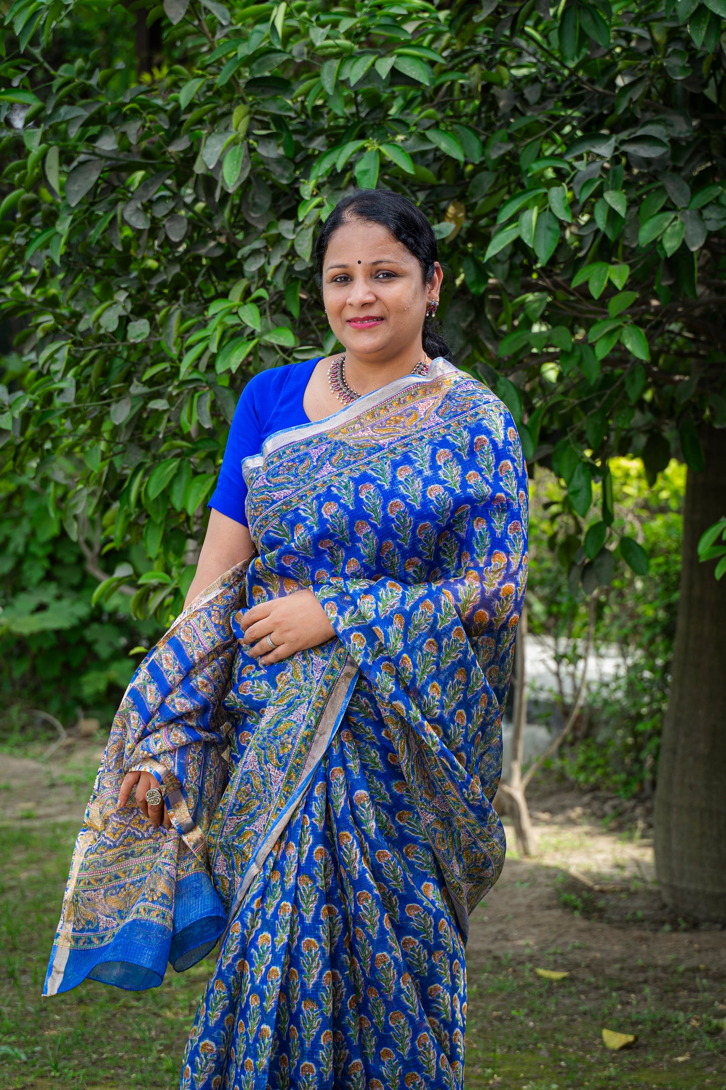 BLUE FLORAL BLOCK PRINT KOTA SILK SARI