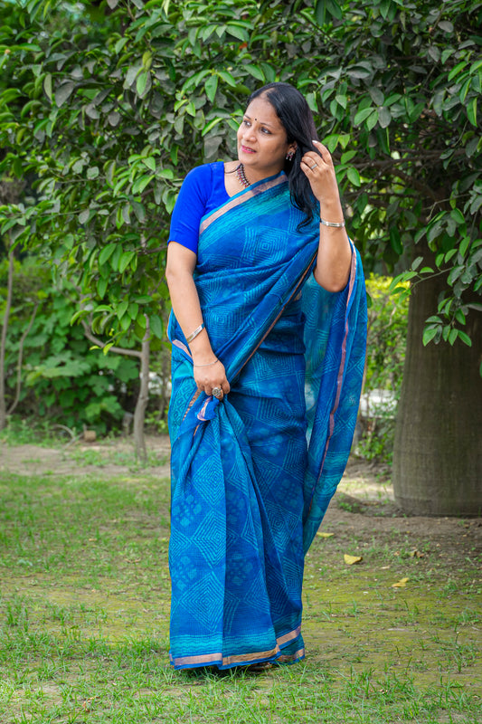 BLUE GEOMETRIC PATTERN BLOCK PRINT KOTA SILK SARI