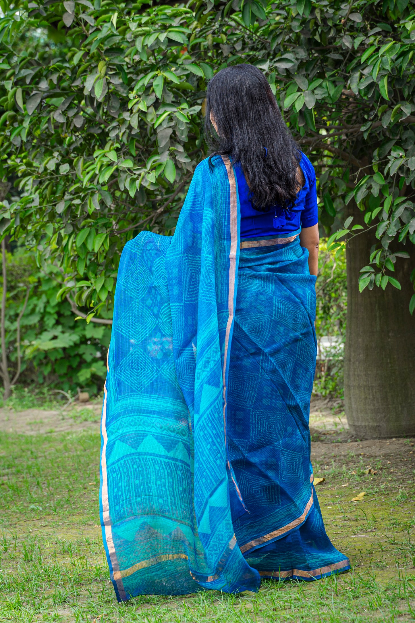 BLUE GEOMETRIC PATTERN BLOCK PRINT KOTA SILK SARI