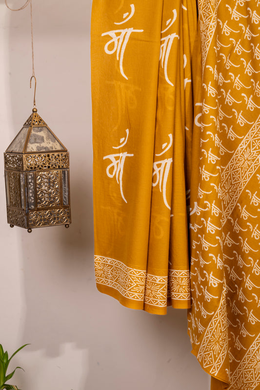 YELLOW 'MAA' BLOCK PRINT COTTON SARI