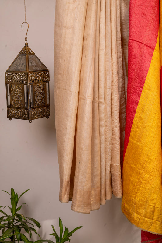 IVORY WITH RED YELLOW PALLU TUSSAR SARI
