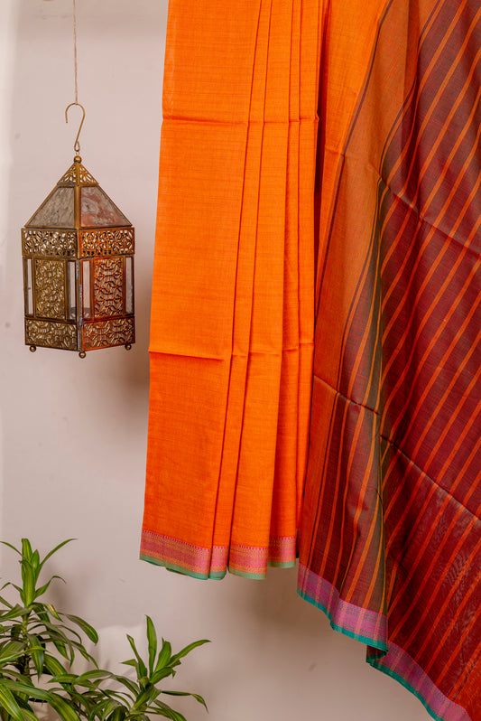 ORANGE PINK BORDER PURE HANDLOOM MAHESHWARI SARI