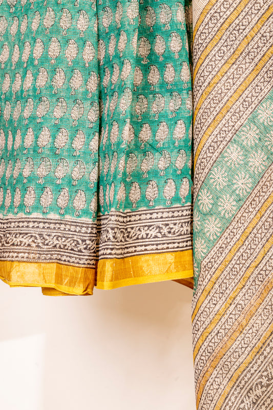 GREEN WHITE FLORAL BLOCK PRINT KOTA DORIA SARI