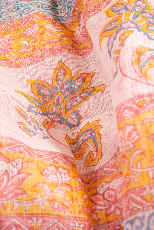 YELLOW PINK FLORAL FLORAL BLOCK PRINT KOTA DORIA SARI