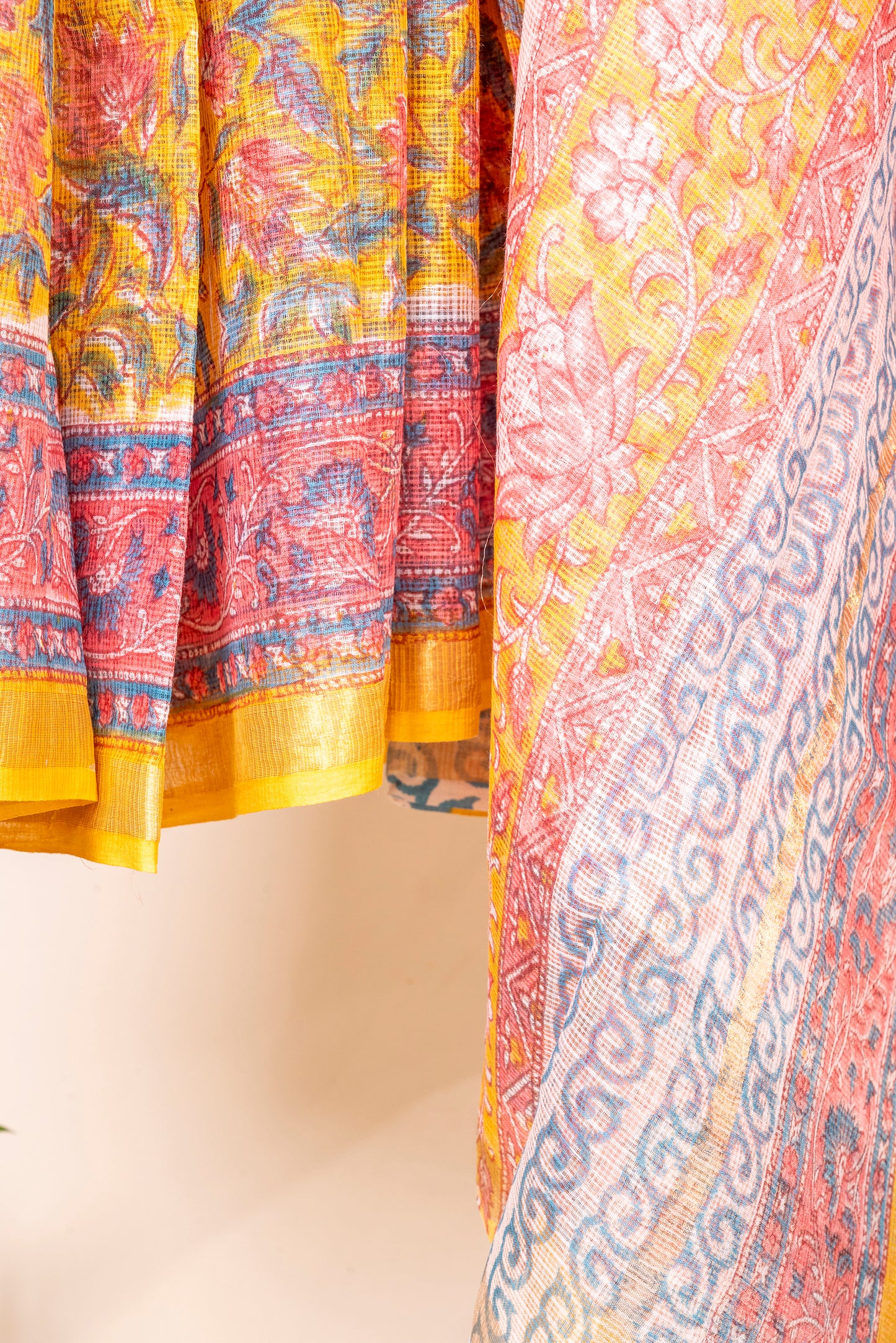 YELLOW PINK FLORAL FLORAL BLOCK PRINT KOTA DORIA SARI