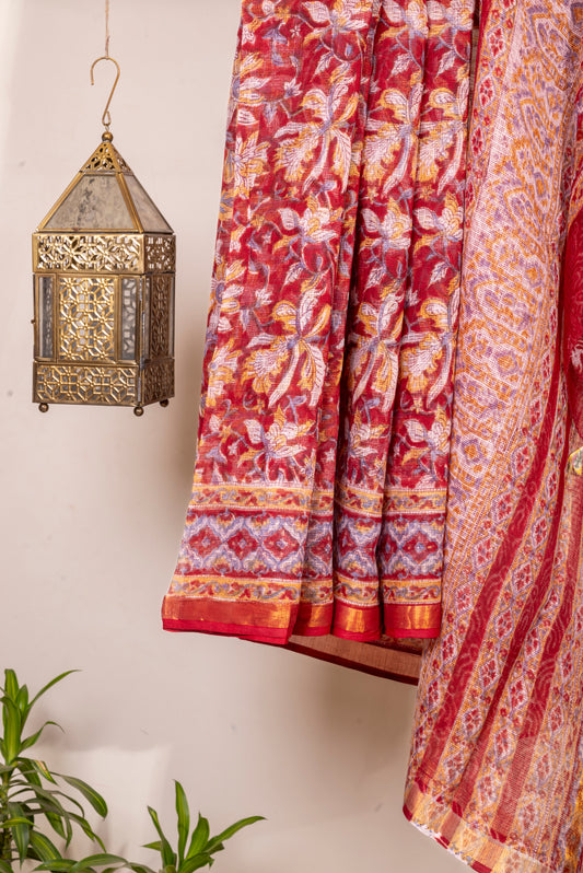 RED YELLOW FLORAL BLOCK PRINT KOTA DORIA SARI