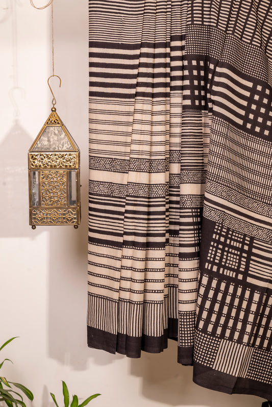 BLACK WHITE STRIPE BLOCK PRINT COTTON SARI