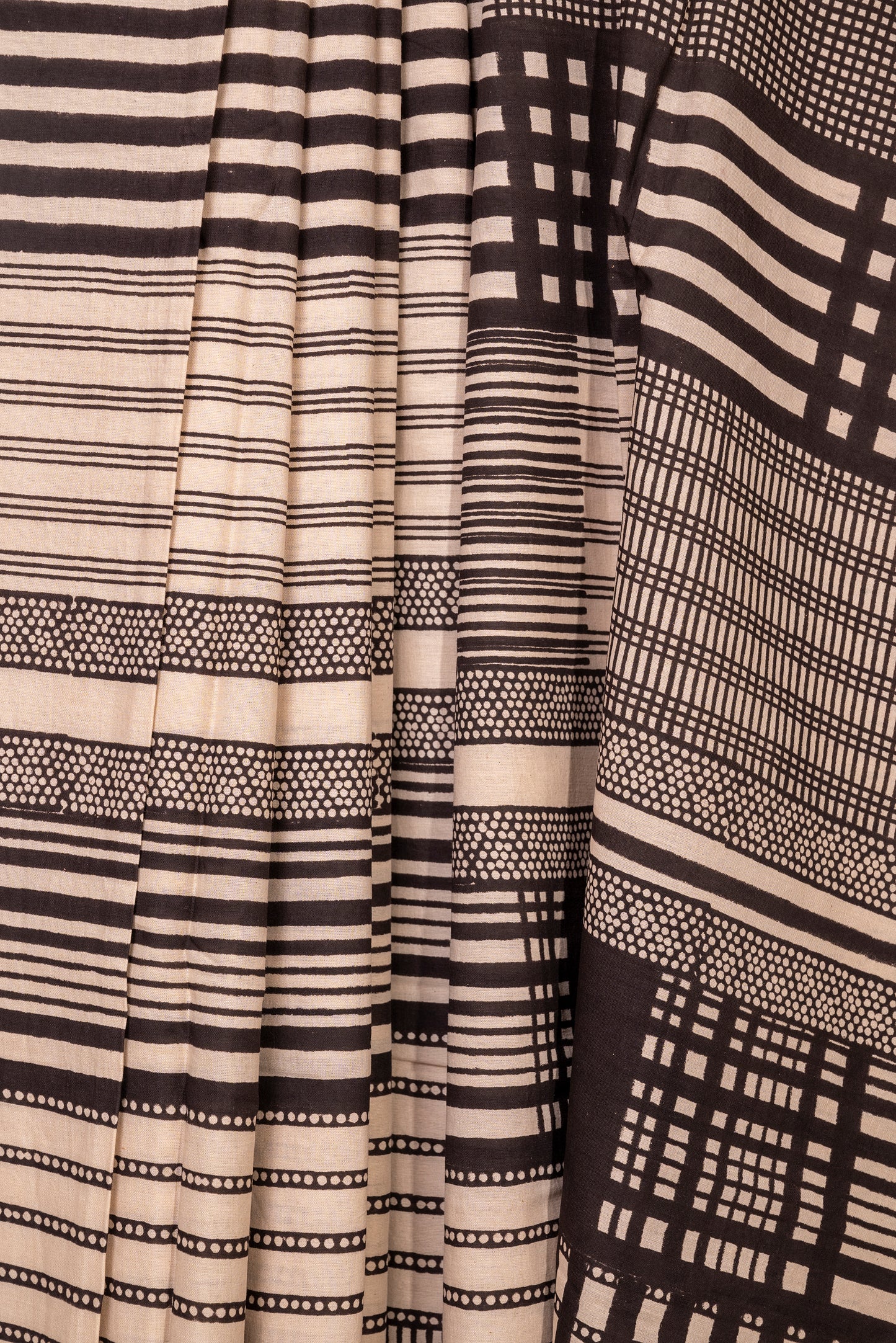 BLACK WHITE STRIPE BLOCK PRINT COTTON SARI