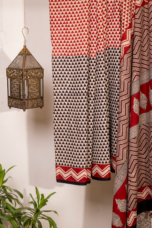 HALF N HALF OFF-WHITE RED BLOCK PRINT COTTON SARI