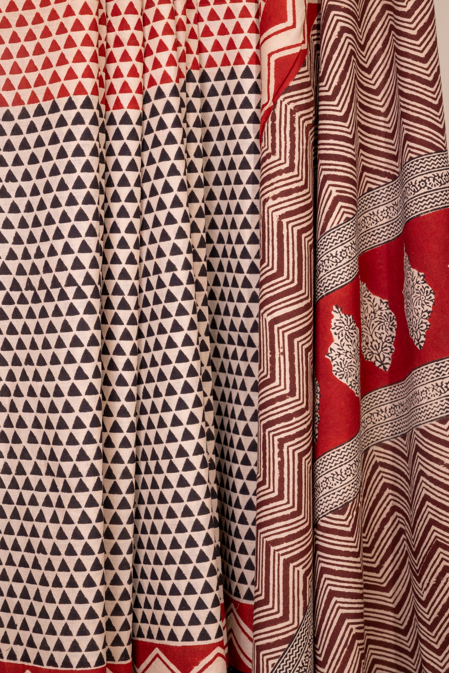HALF N HALF OFF-WHITE RED BLOCK PRINT COTTON SARI