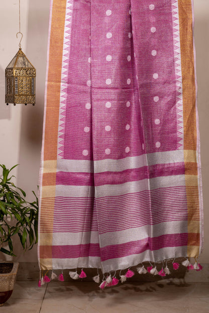 PINK SILVER BOOTI TISSUE LINEN SARI