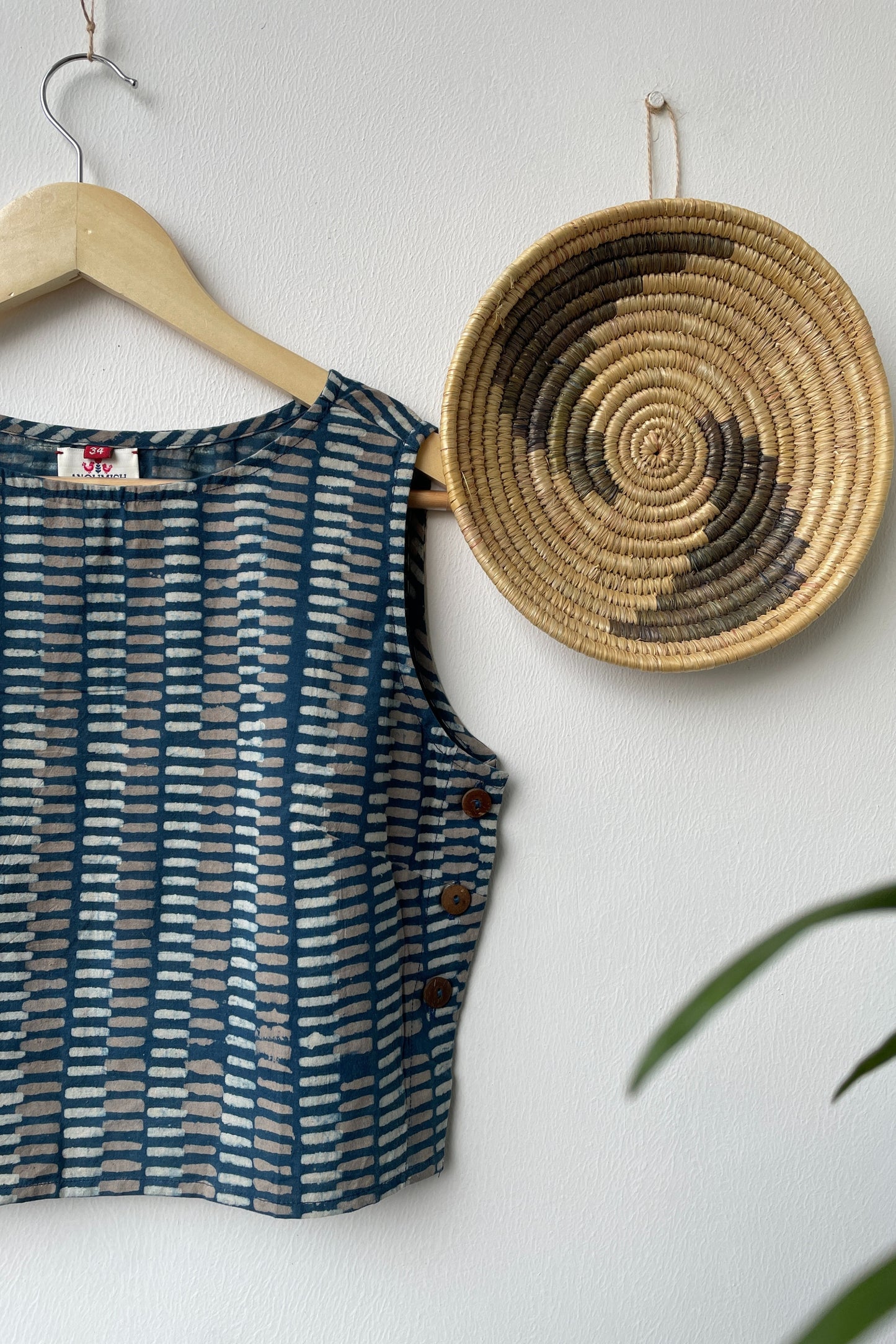 INDIGO BLOCK PRINTED COTTON SLEEVLESS BLOUSE