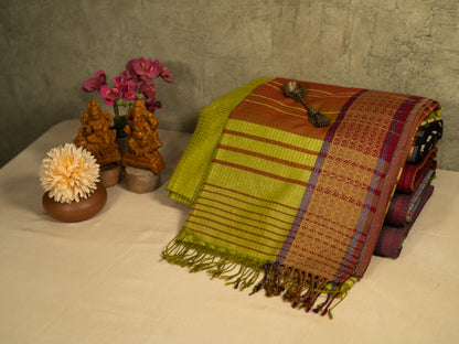 YELLOWISH GREEN MAROON CHECK MAHESHWARI HANDLOOM SARI