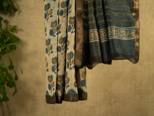 INDIGO 'VANASPATI' BLOCK PRINT MAHESHWARI SILK COTTON SARI