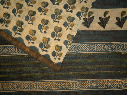 INDIGO 'VANASPATI' BLOCK PRINT MAHESHWARI SILK COTTON SARI