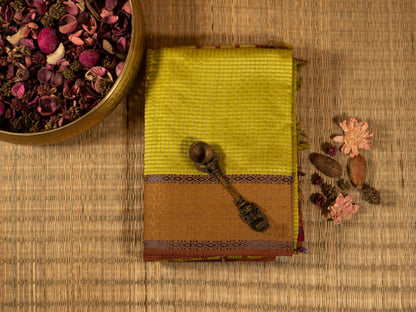 YELLOWISH GREEN MAROON CHECK MAHESHWARI HANDLOOM SARI