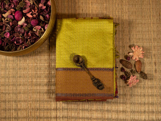 YELLOWISH GREEN MAROON CHECK MAHESHWARI HANDLOOM SARI