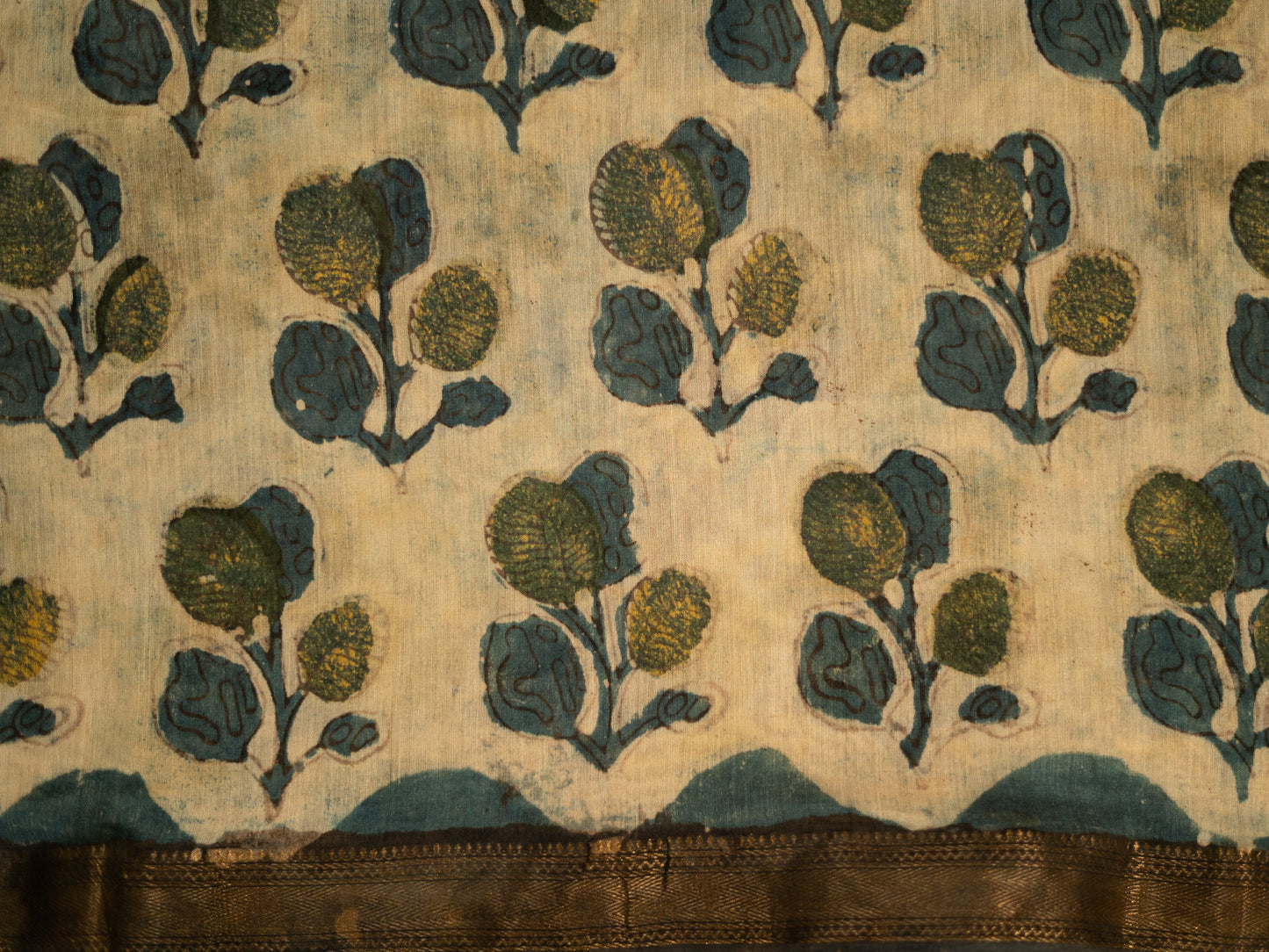 INDIGO 'VANASPATI' BLOCK PRINT MAHESHWARI SILK COTTON SARI