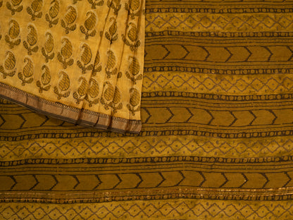 GOLDEN YELLOW 'VANASPATI' BLOCK PRINT MAHESHWARI SILK COTTON SARI