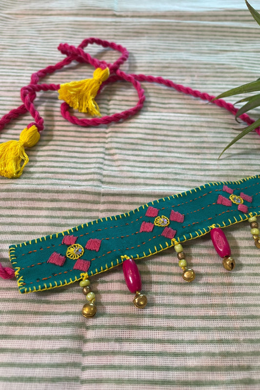 GREEN PINK FABRIC HAND EMBROIDERED CHOKER