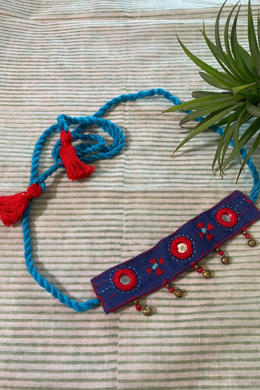 BLUE RED FABRIC HAND EMBROIDERED CHOKER