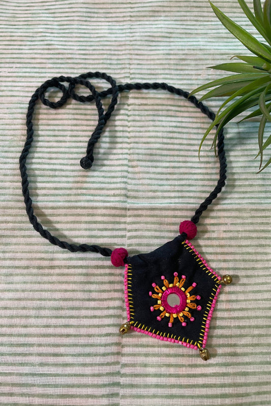 BLACK & PINK FABRIC HAND EMBROIDERED NECK-PIECE