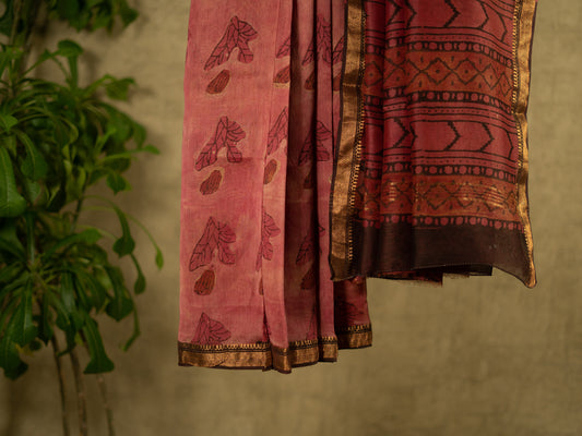 PINK 'VANASPATI' BLOCK PRINT MAHESHWARI SILK COTTON SARI