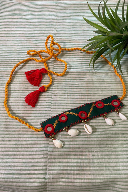BOTTLE GREEN FABRIC HAND EMBROIDERED CHOKER