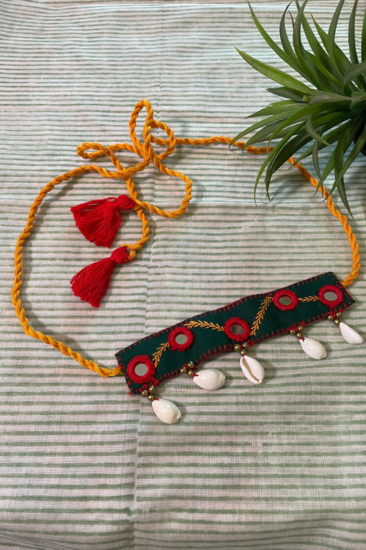 BOTTLE GREEN FABRIC HAND EMBROIDERED CHOKER