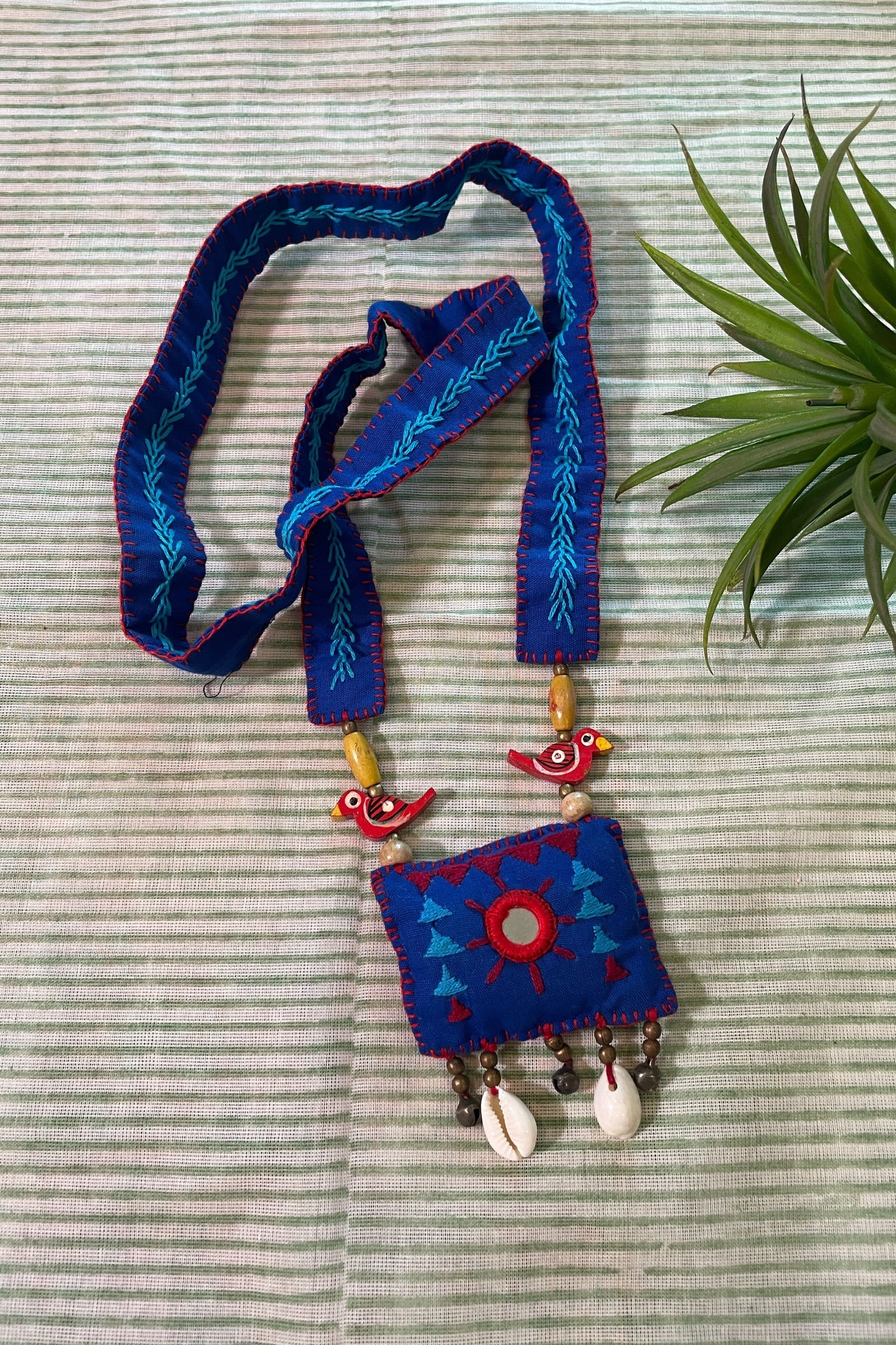 BLUE FABRIC HAND EMBROIDERED PENDANT SET