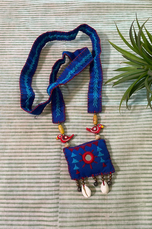 BLUE FABRIC HAND EMBROIDERED PENDANT SET