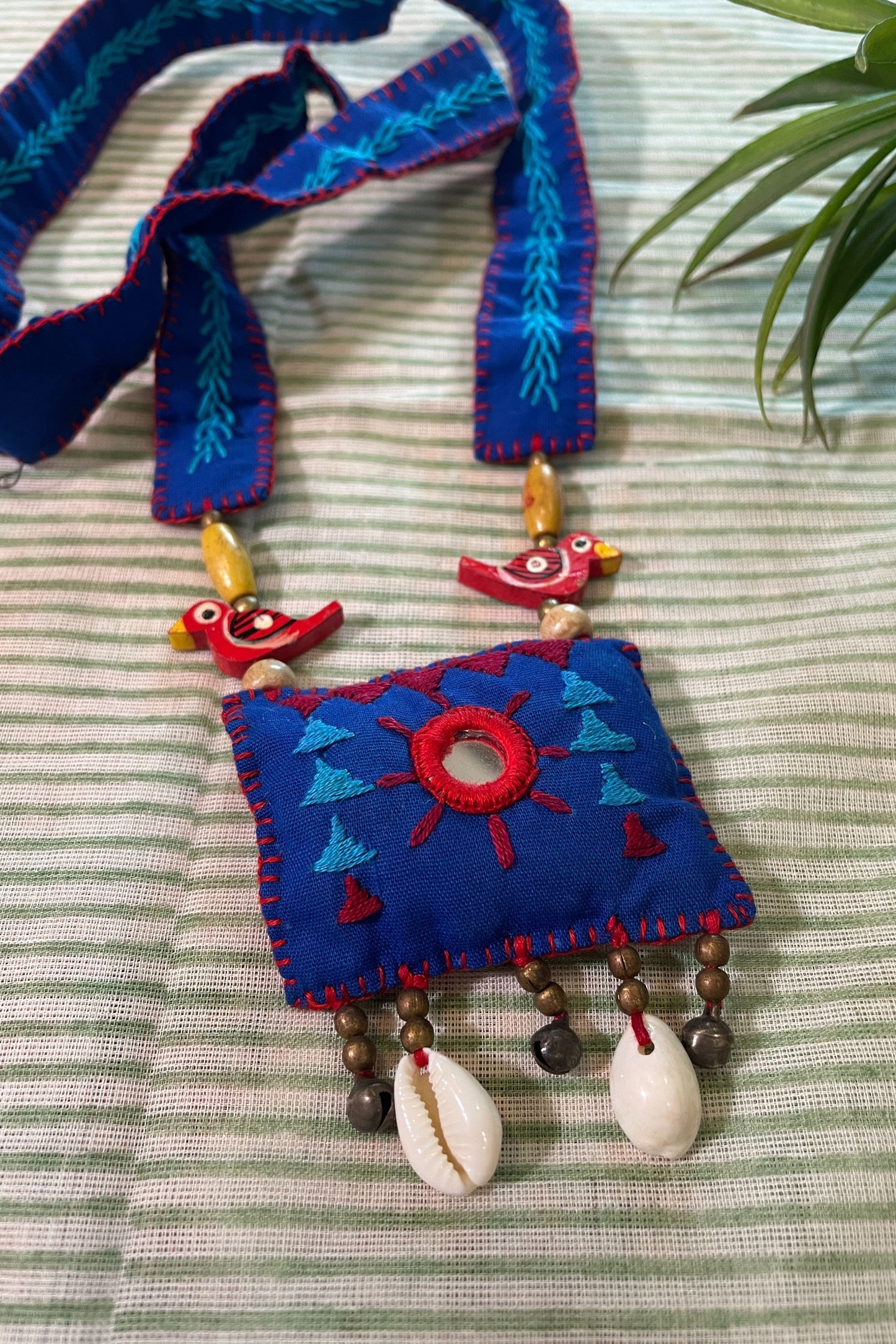 BLUE FABRIC HAND EMBROIDERED PENDANT SET