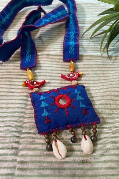 BLUE FABRIC HAND EMBROIDERED PENDANT SET