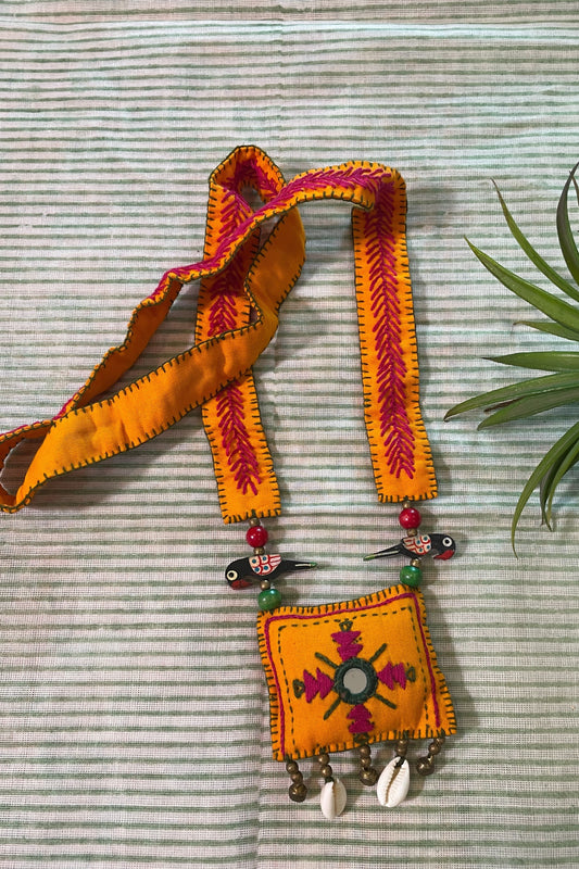 ORANGE FABRIC HAND EMBROIDERED PENDANT SET