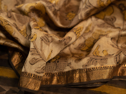 CREAMISH BROWN  'VANASPATI' BLOCK PRINT MAHESHWARI SILK COTTON SARI