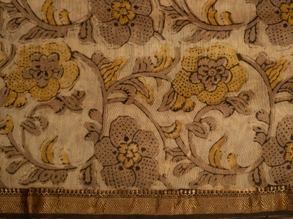 CREAMISH BROWN  'VANASPATI' BLOCK PRINT MAHESHWARI SILK COTTON SARI